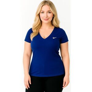 Nike Short Sleeve Top T Shirt Blue V Neck DriFit Fitted Women's Woman's  SMALL